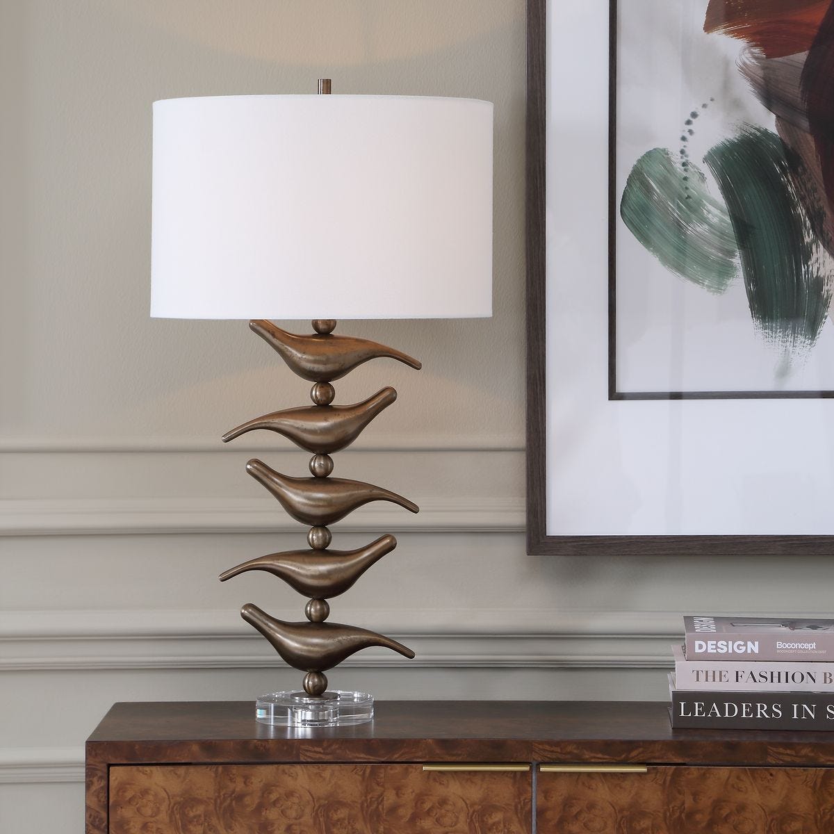 Close-up of the Sing Song Golden Bronze Bird Table Lamp iron songbirds