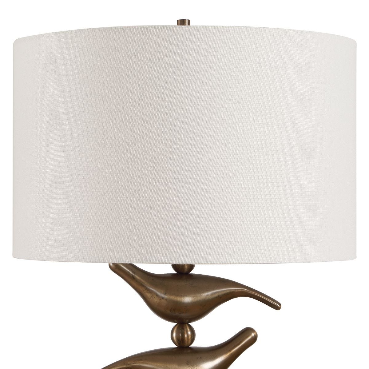 Detail view of the Sing Song Golden Bronze Bird Table Lamp finish and construction