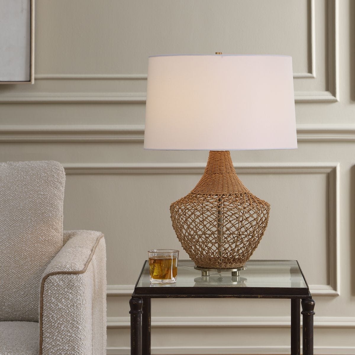 Samori Rattan White Linen Table Lamp styled in a styled room setting