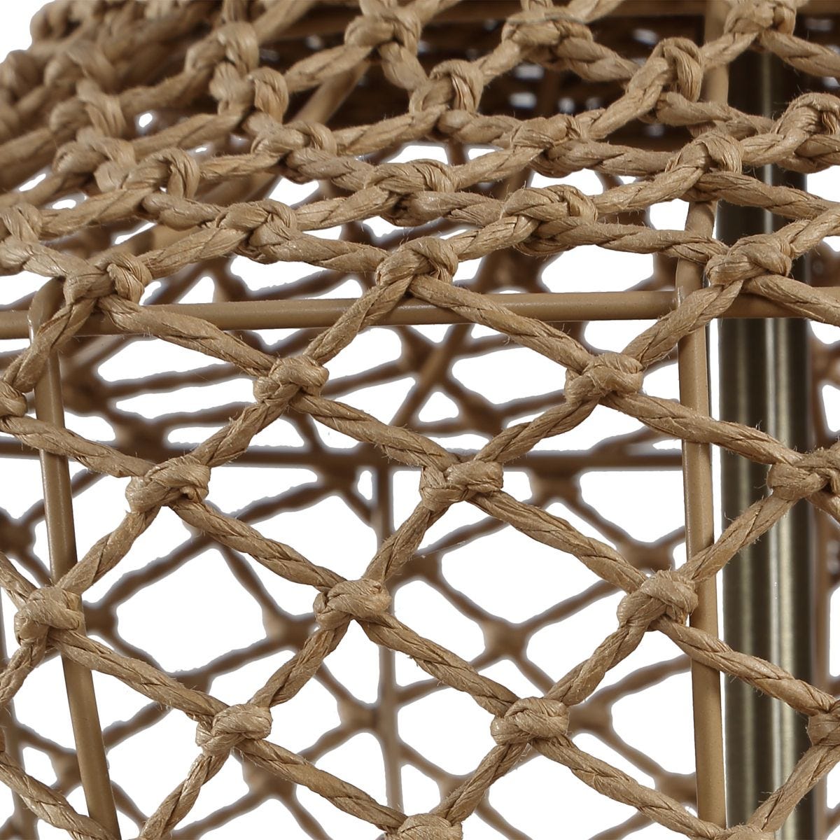 Close-up of the Samori Rattan White Linen Table Lamp hand woven rattan