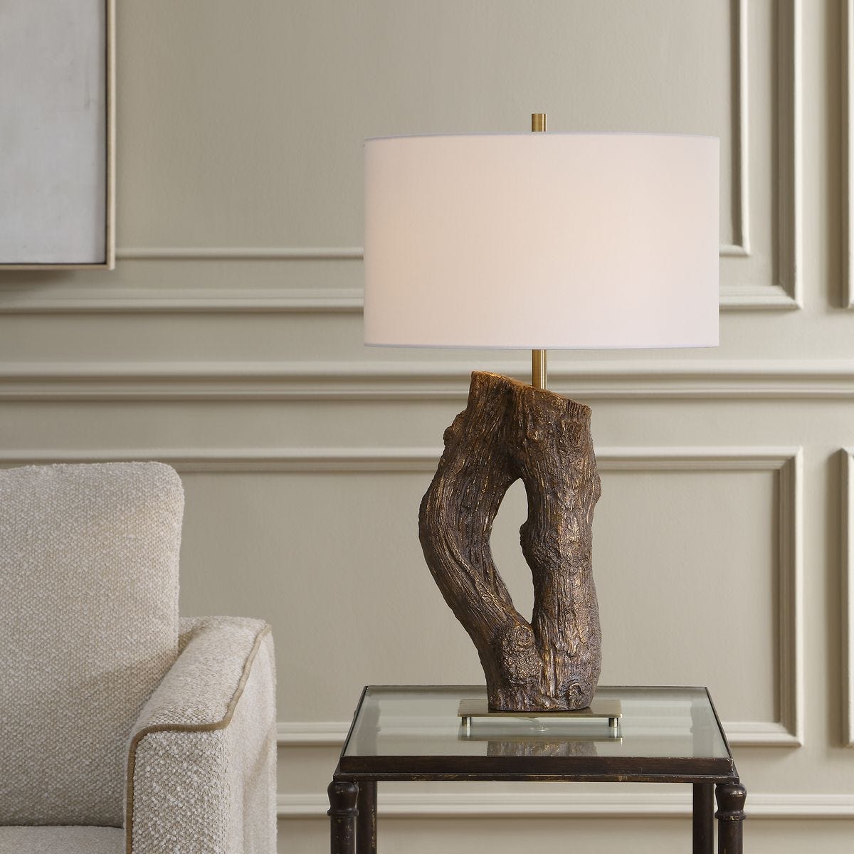 Namath Antique Brass Textured Table Lamp styled in a styled room setting