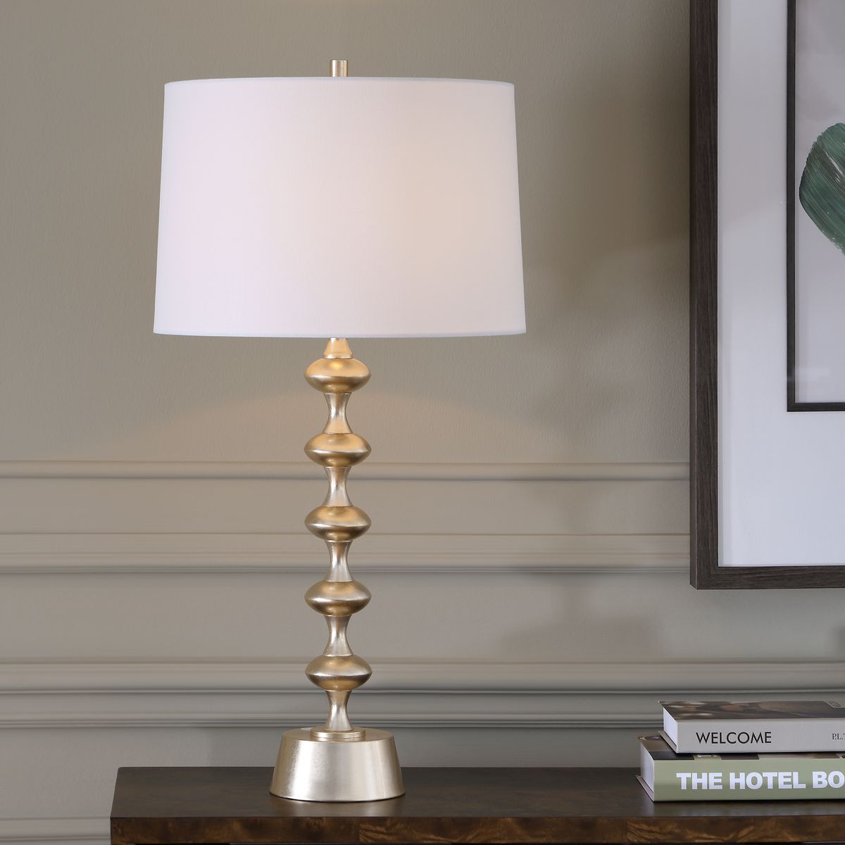 Meila Antique Brass Table Lamp styled in a styled room setting