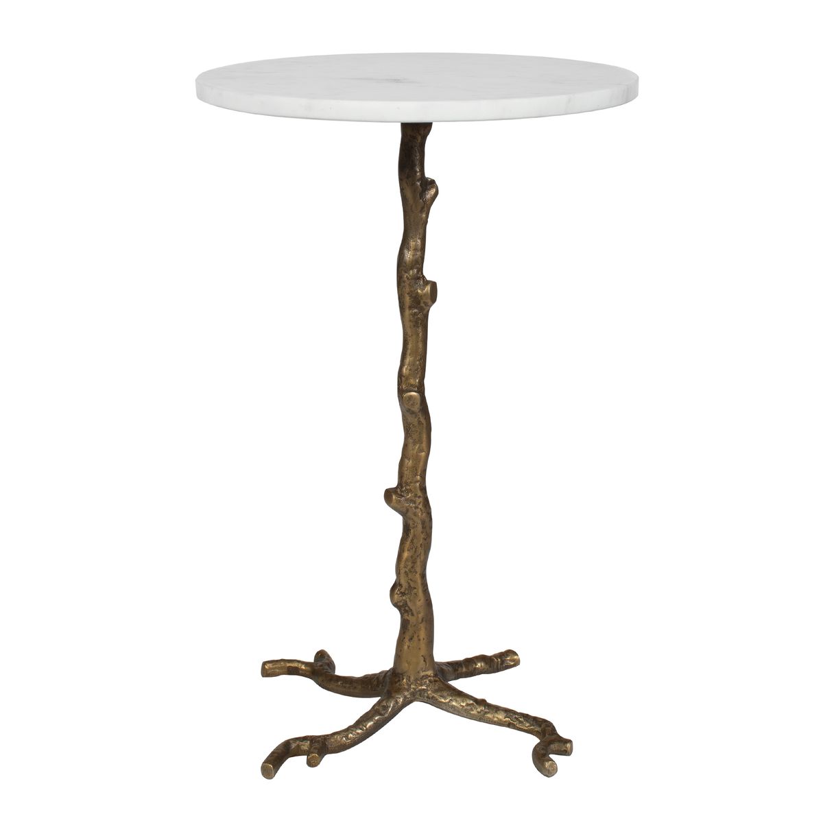 Side view of the Calais Antique Brass Marble Accent Table by Uttermost