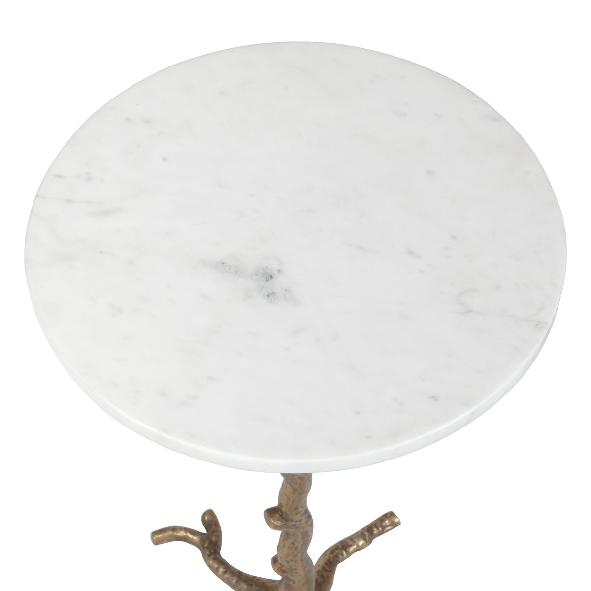 Detail view of the additional cast aluminum detail on the Calais Antique Brass Marble Accent Table