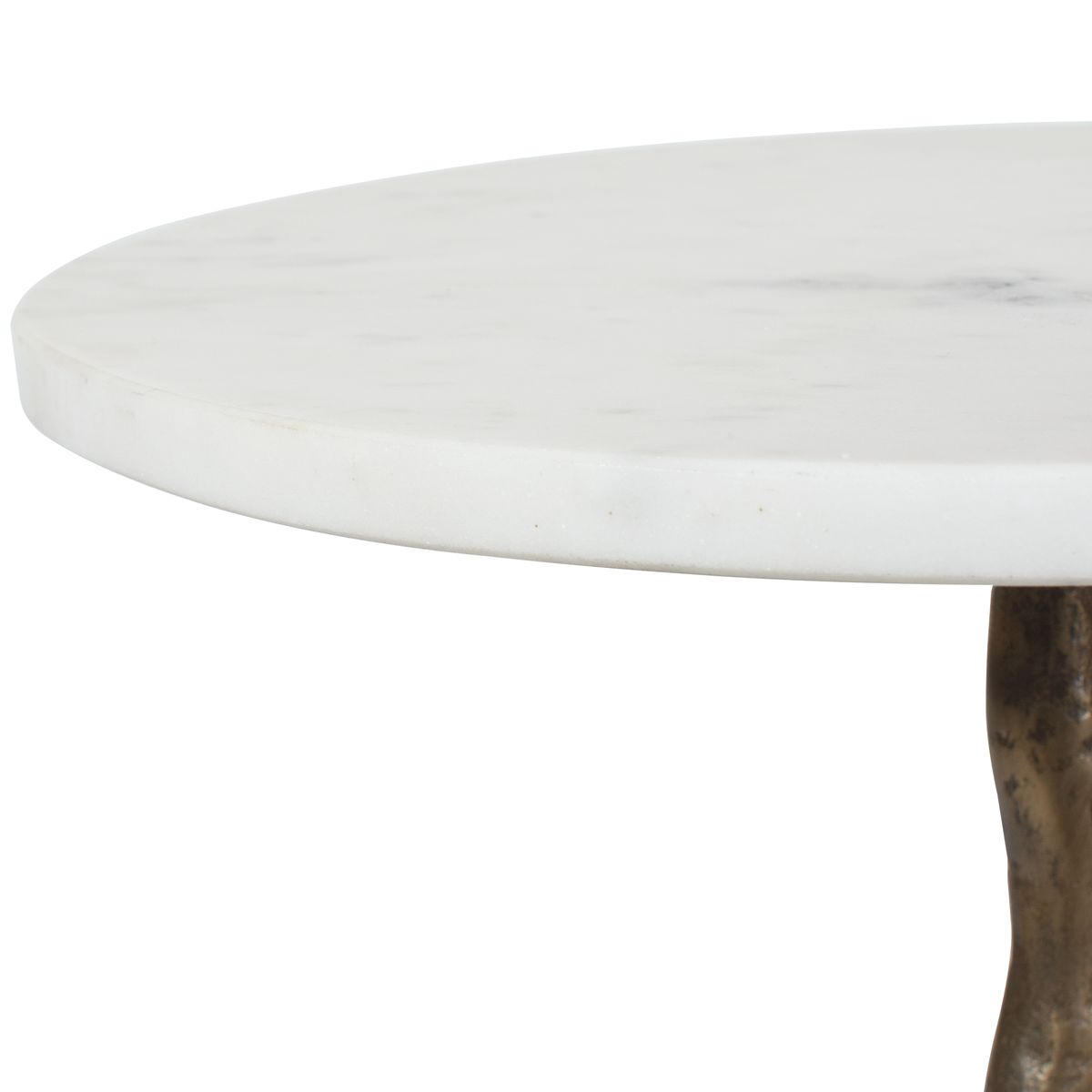 Detail view of the additional antique brass finish on the Calais Antique Brass Marble Accent Table