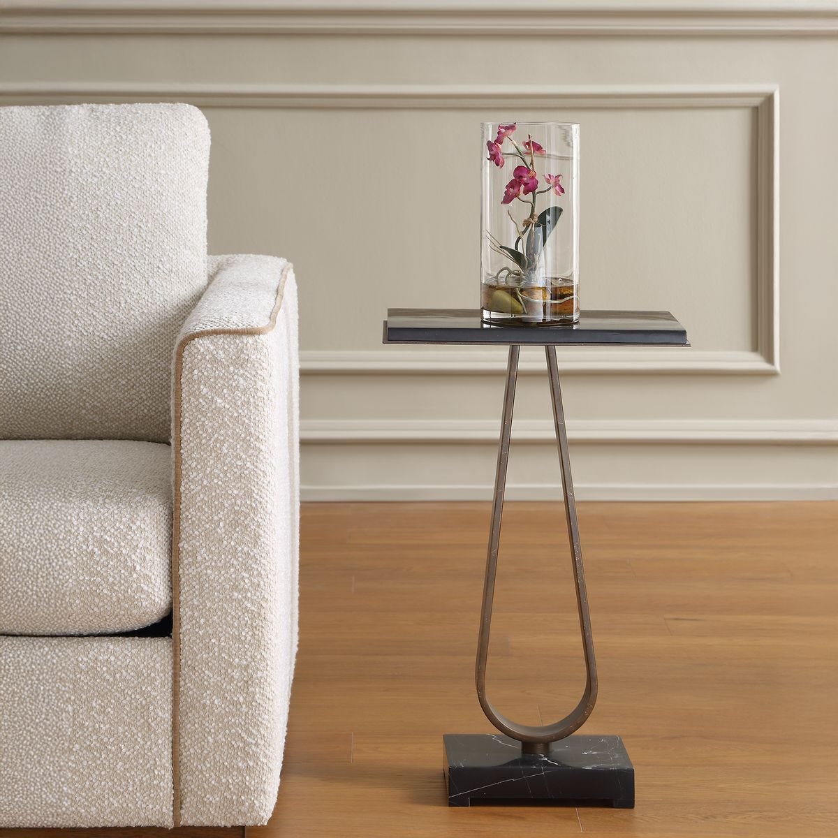 Galloway Dark Bronze Marble Accent Table styled in a styled room setting