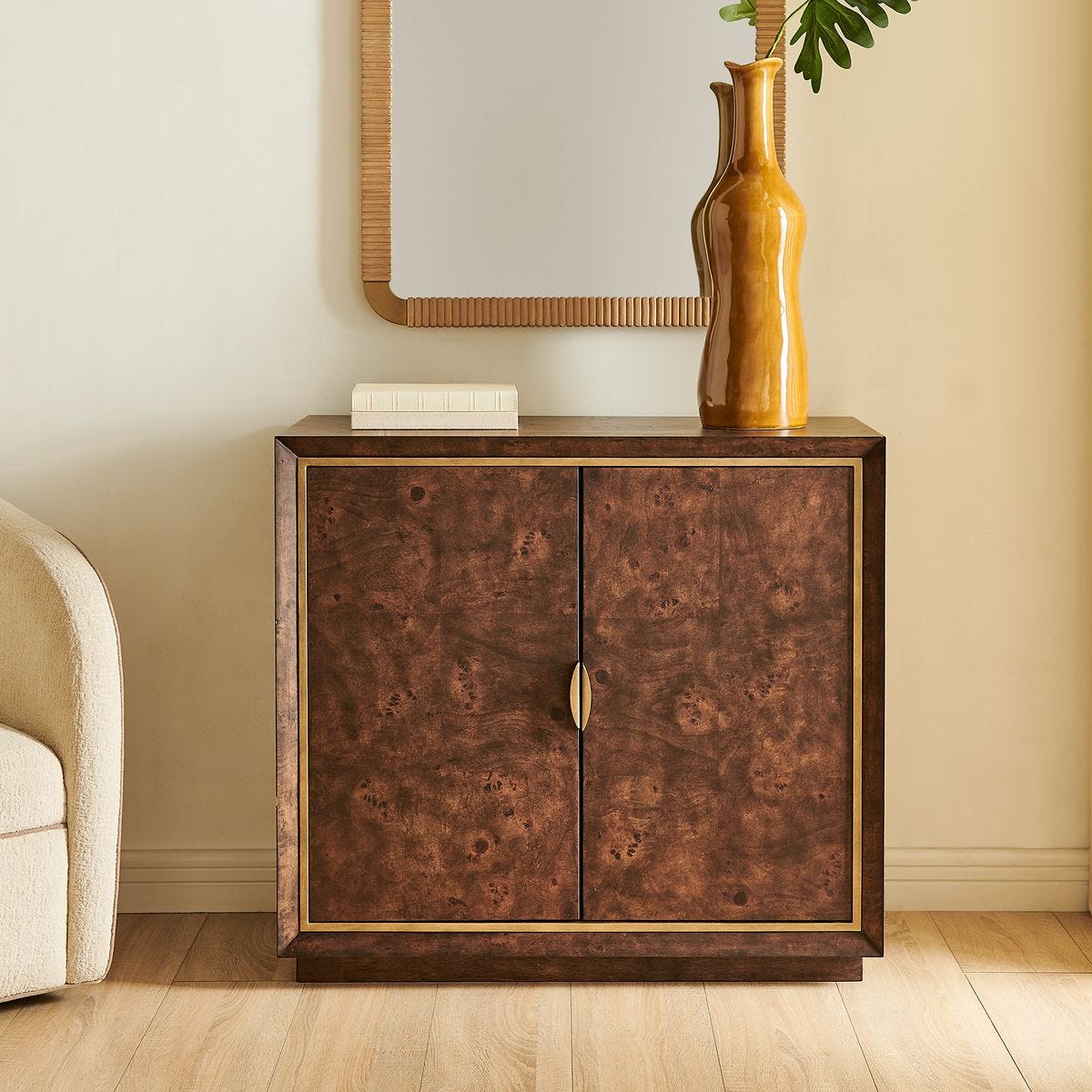 Flores Walnut Mappa Burl 2 Door Cabinet styled in a styled room setting