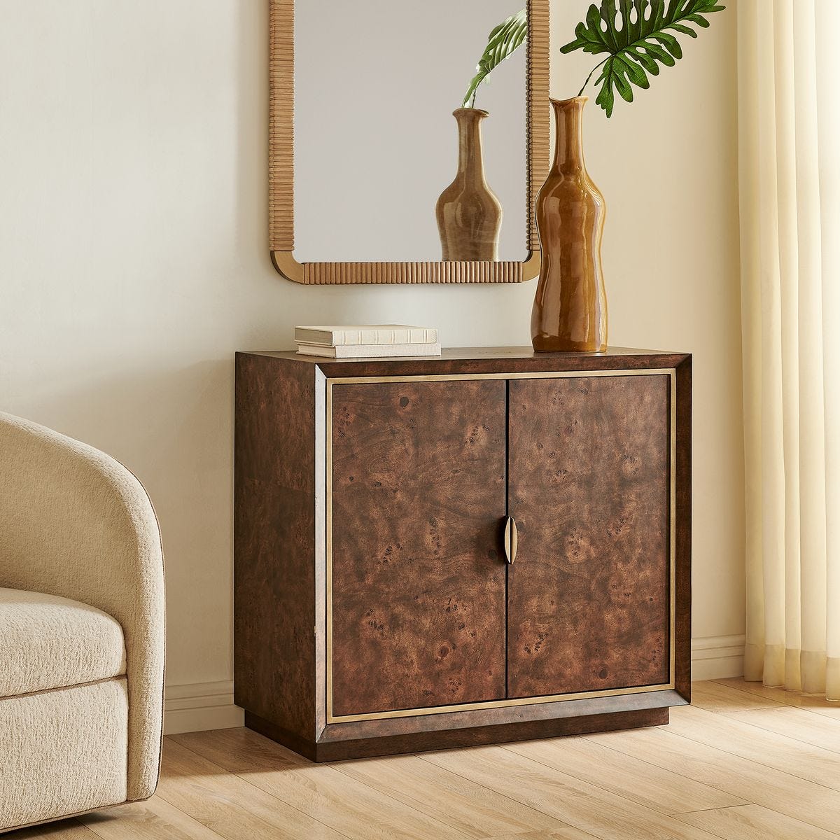 Side view of the Flores Walnut Mappa Burl 2 Door Cabinet by Uttermost