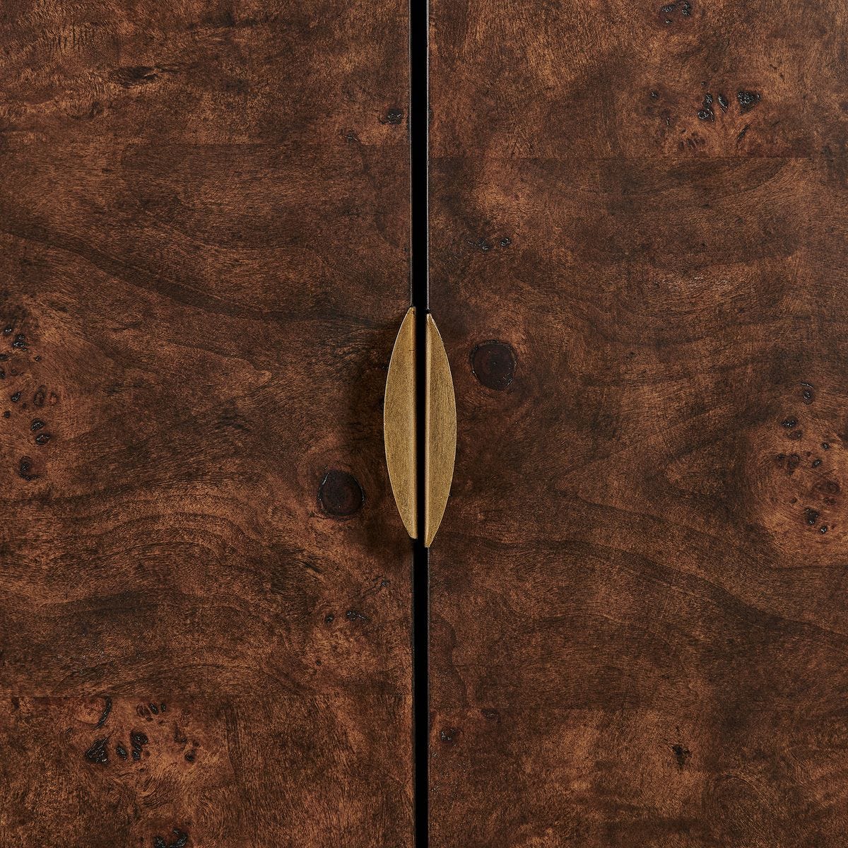 Detail view of the Flores Walnut Mappa Burl 2 Door Cabinet finish and construction image 7