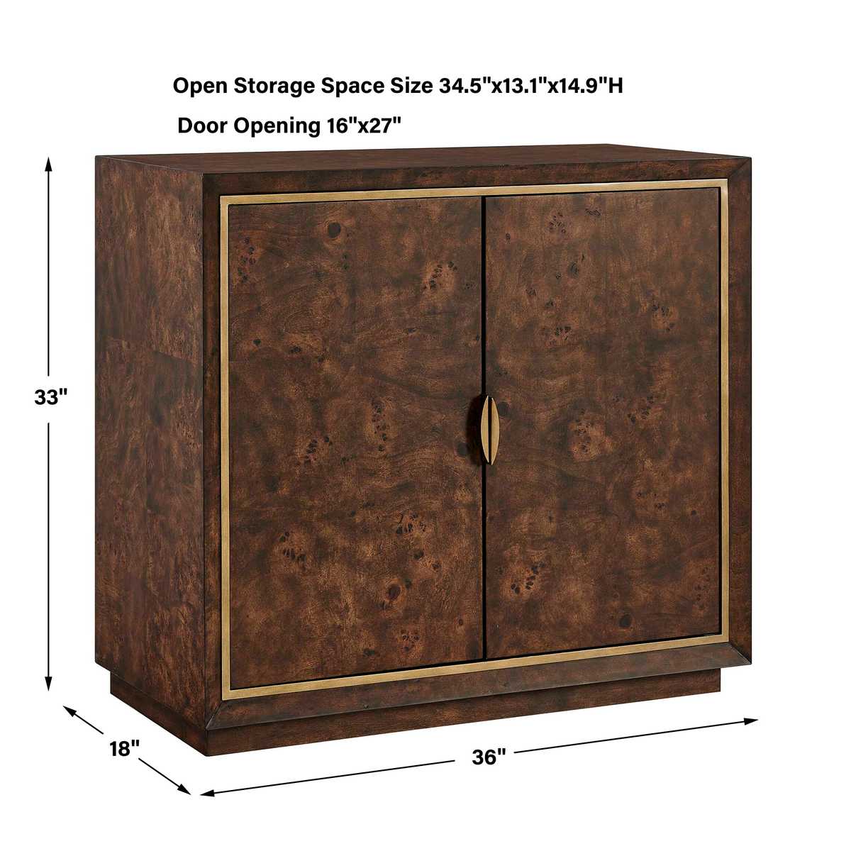 Dimension guide for the Flores Walnut Mappa Burl 2 Door Cabinet