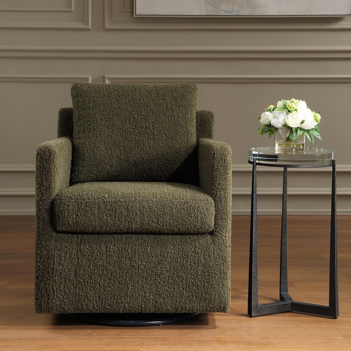 Tisdell Kale Faux Sheepskin Swivel Chair styled in a styled room setting