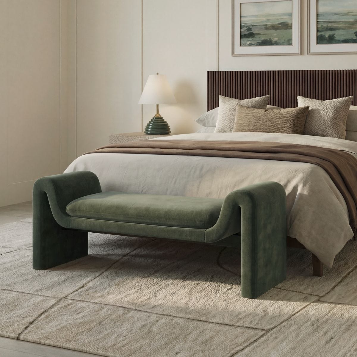 Manson Moss Velvet Bench styled in a styled room setting