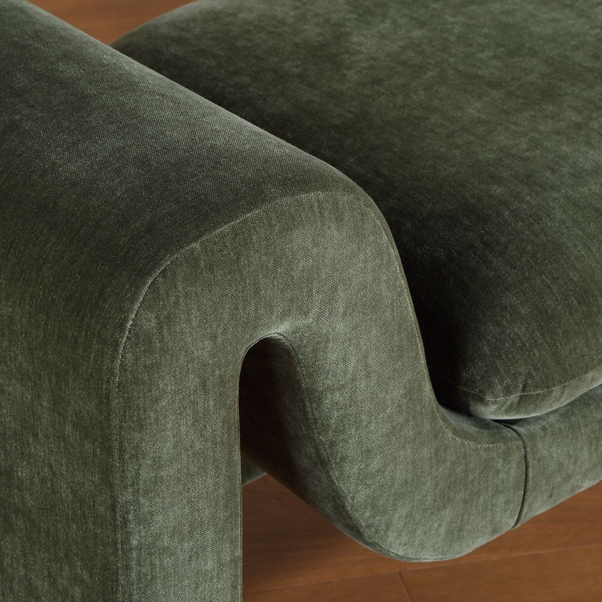Detail view of the Manson Moss Velvet Bench finish and construction
