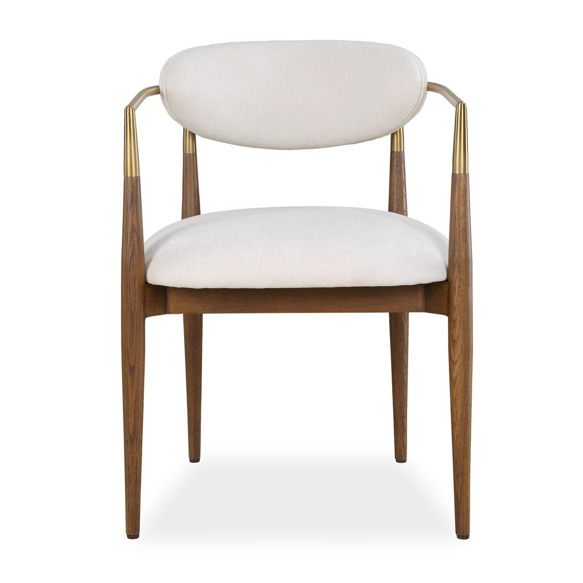 Detail view of the Moxie Walnut White Dining Arm Chair finish and construction