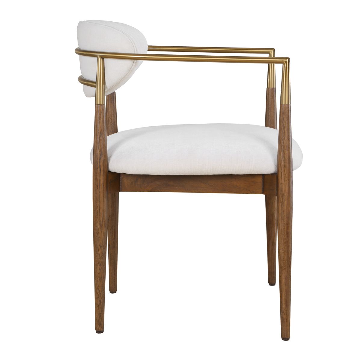 Detail view of the Moxie Walnut White Dining Arm Chair finish and construction image 5