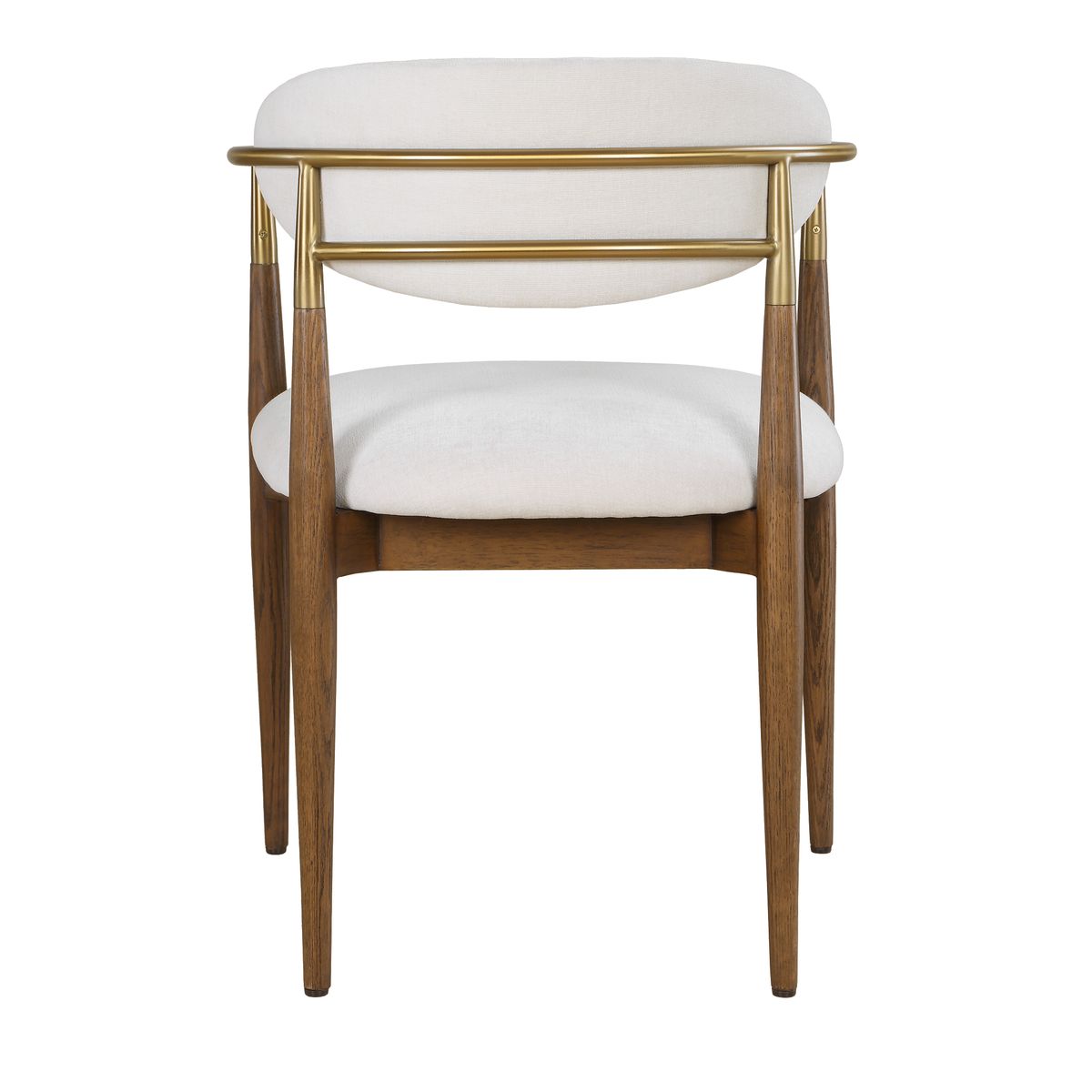Detail view of the Moxie Walnut White Dining Arm Chair finish and construction image 6