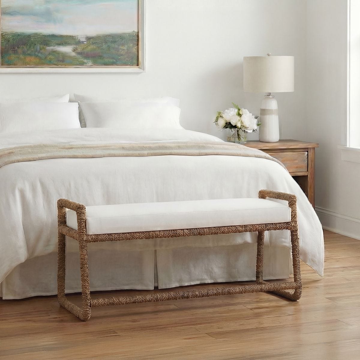 Araiza Natural Banana Fiber White Bench styled in a styled room setting