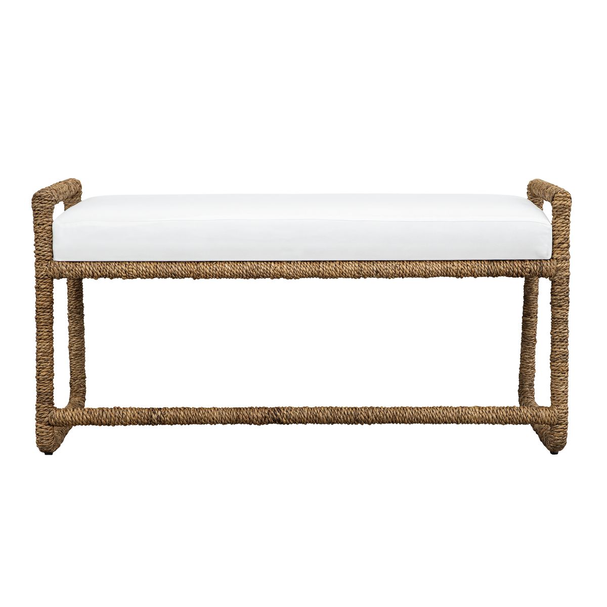 Detail view of the Araiza Natural Banana Fiber White Bench finish and construction