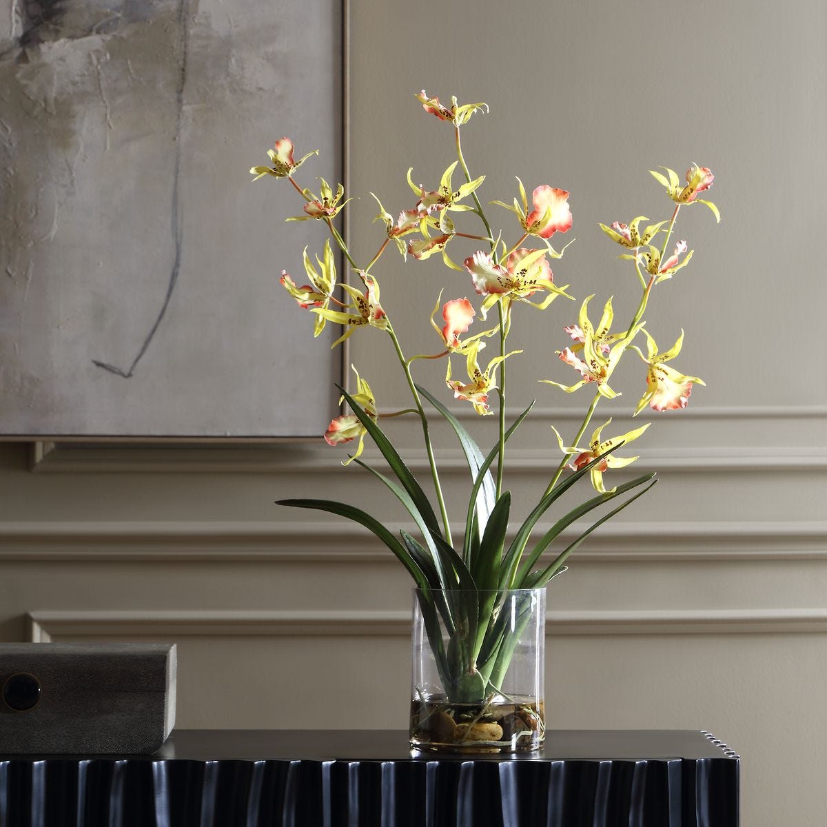 Side view of the Spider Orchid Coral Yellow Arrangement by Uttermost