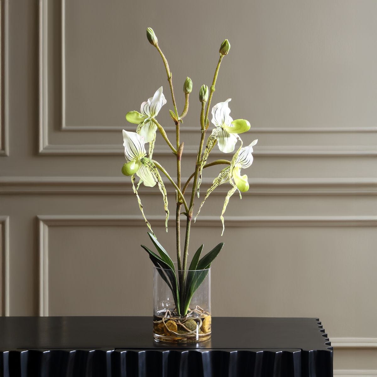 Lady Slipper White Orchid Arrangement styled in an interior setting