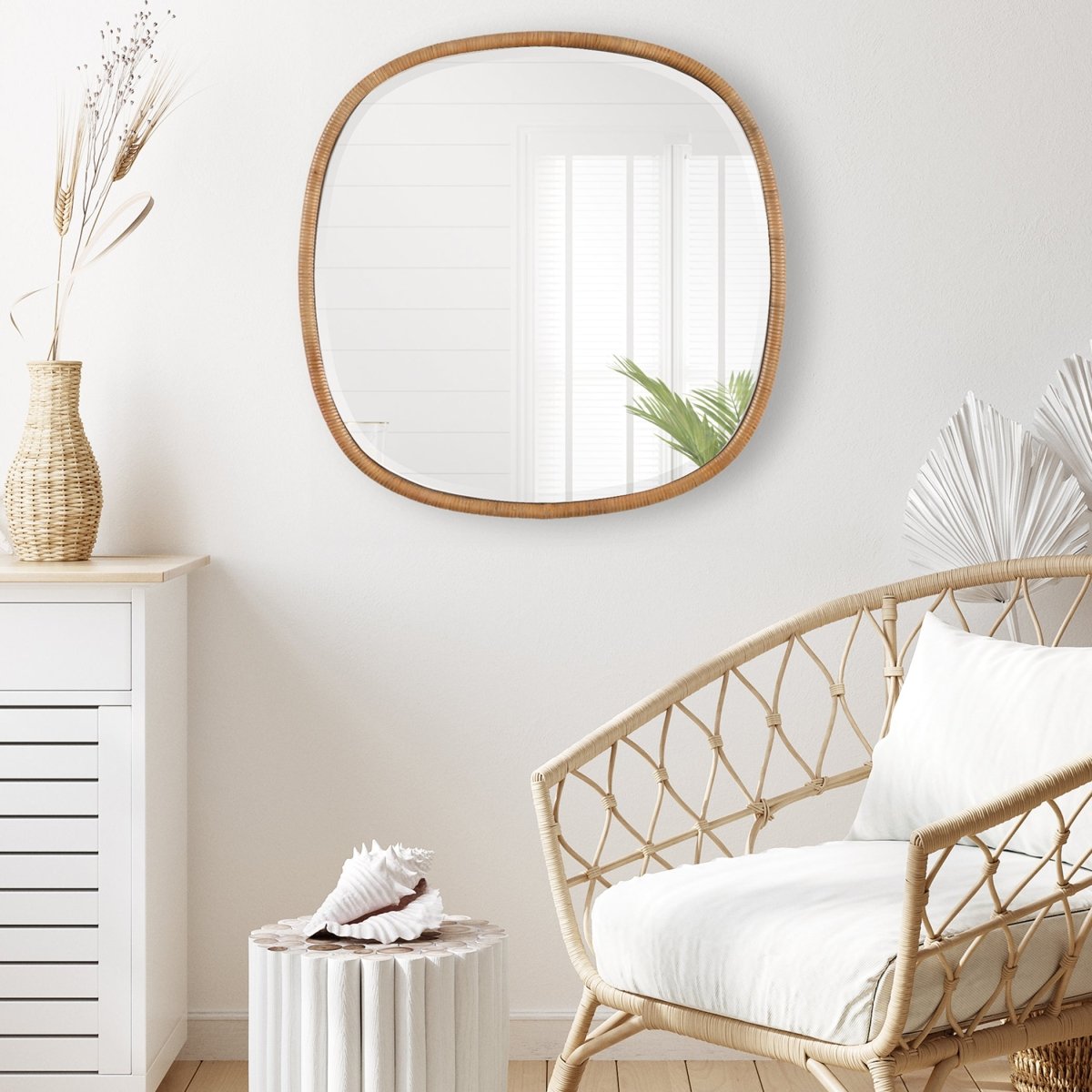 34" Natural Rattan Wrapped Beveled Coastal Mirror - Uttermost - Other Mirrors by Modest Hut