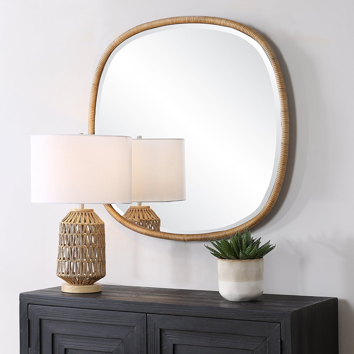 34" Natural Rattan Wrapped Beveled Coastal Mirror - Uttermost - Other Mirrors by Modest Hut