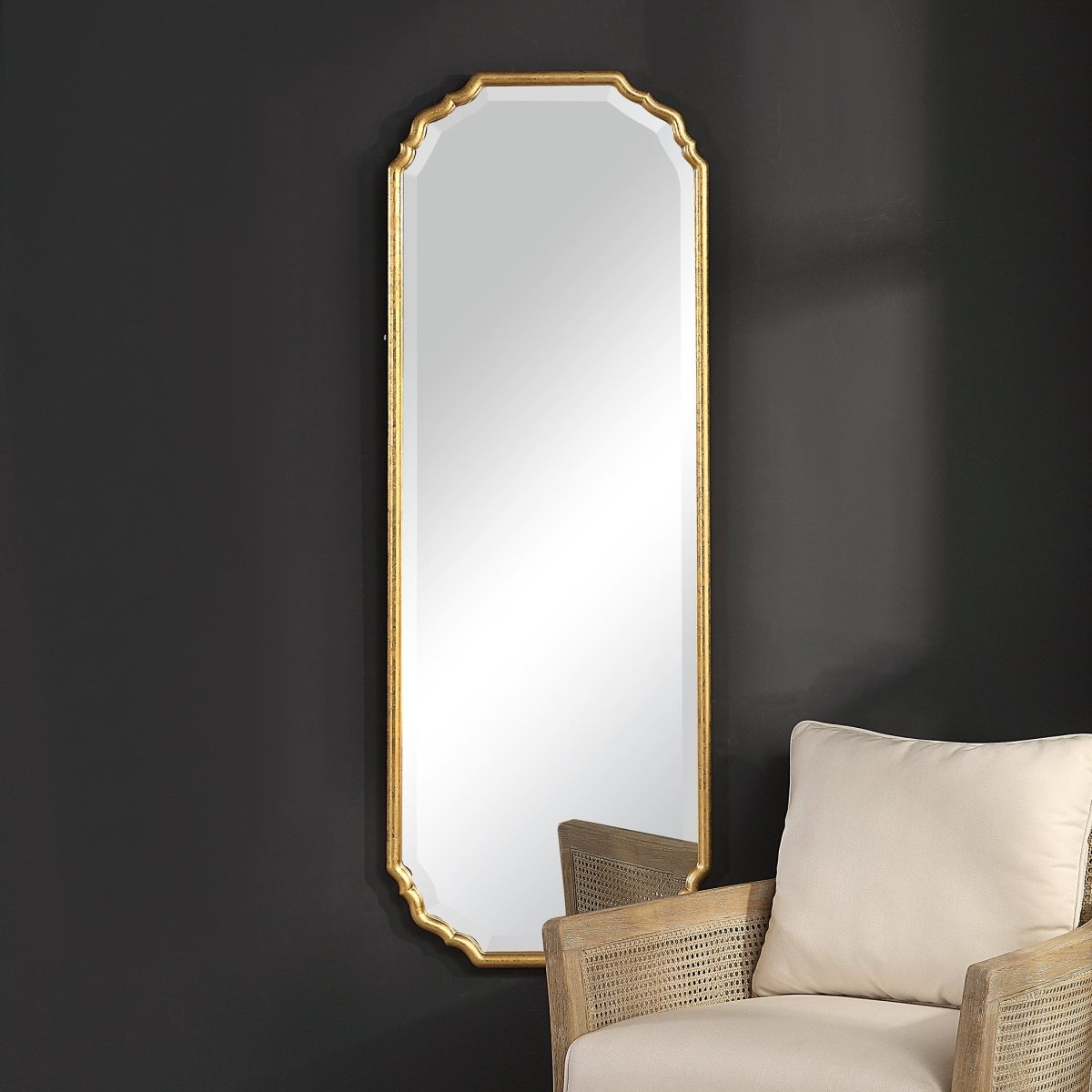 Lightly Antiqued Metallic Gold Leaf Curved Corner Frame Mirror - Uttermost - Other Mirrors by Modest Hut