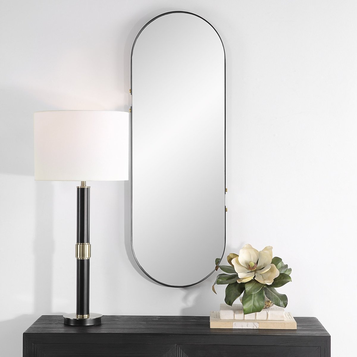 Matte Black Pill Shaped Mirror with Gold Knobs - Uttermost - Other Mirrors by Modest Hut