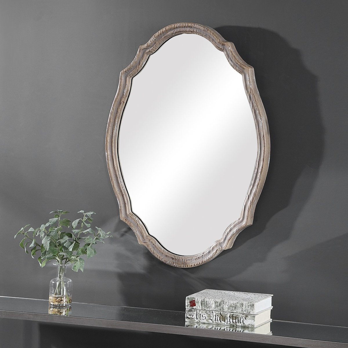 Natural Wood Finish Light Ivory Distressed Curved Frame Mirror - Uttermost - Other Mirrors by Modest Hut