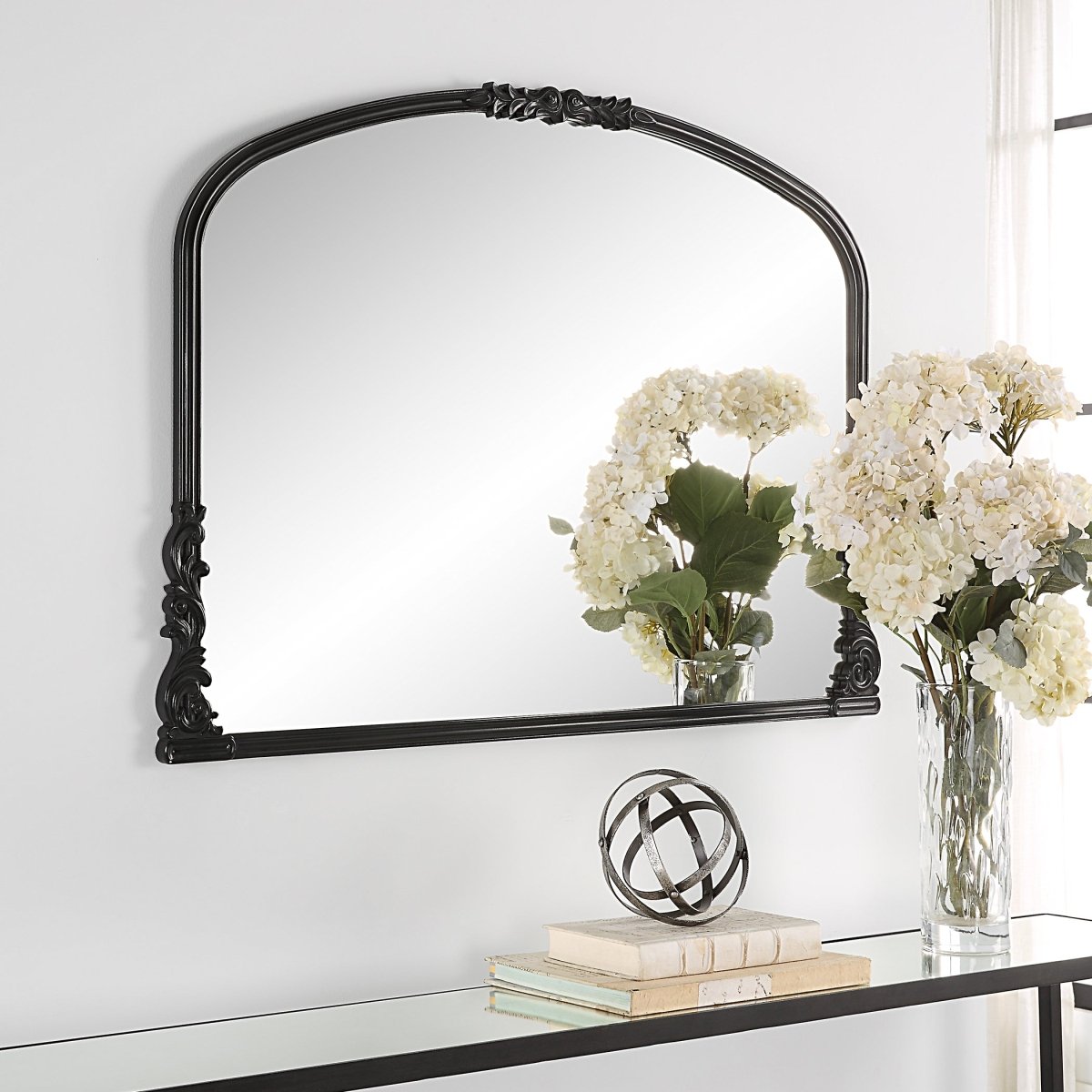 Satin Black Baroque Style Scroll Embellished Mantel Mirror - Uttermost - Other Mirrors by Modest Hut