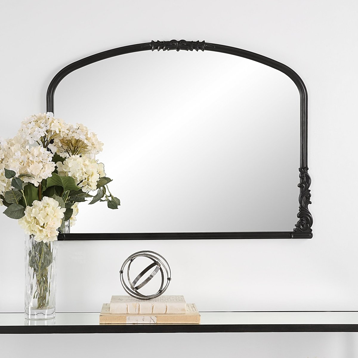 Satin Black Baroque Style Scroll Embellished Mantel Mirror - Uttermost - Other Mirrors by Modest Hut