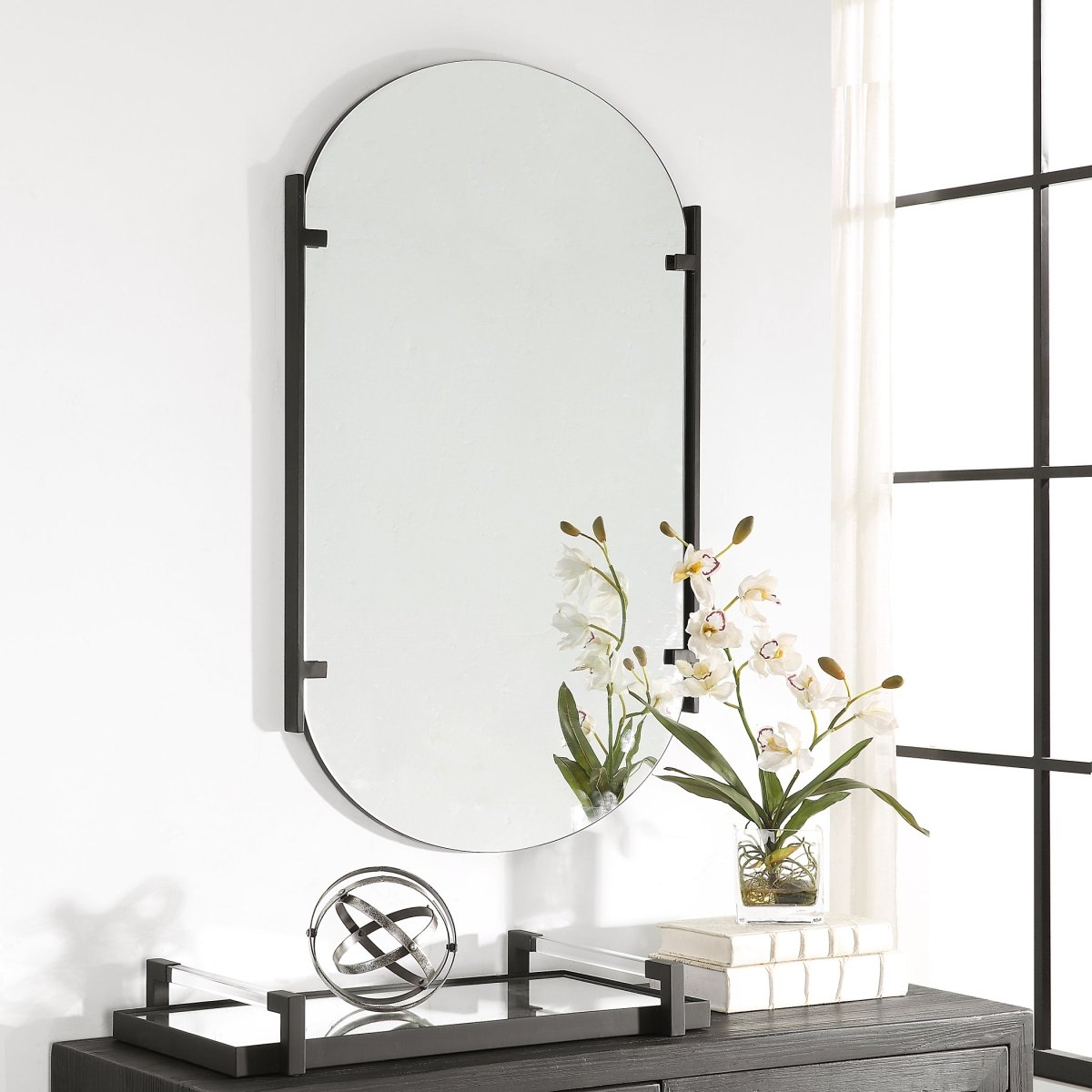 Satin Black Pill Shaped Frameless Mirror with Metal Strips - Uttermost - Other Mirrors by Modest Hut