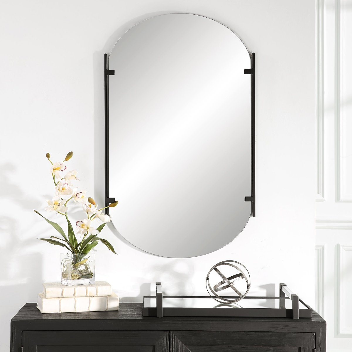 Satin Black Pill Shaped Frameless Mirror with Metal Strips - Uttermost - Other Mirrors by Modest Hut