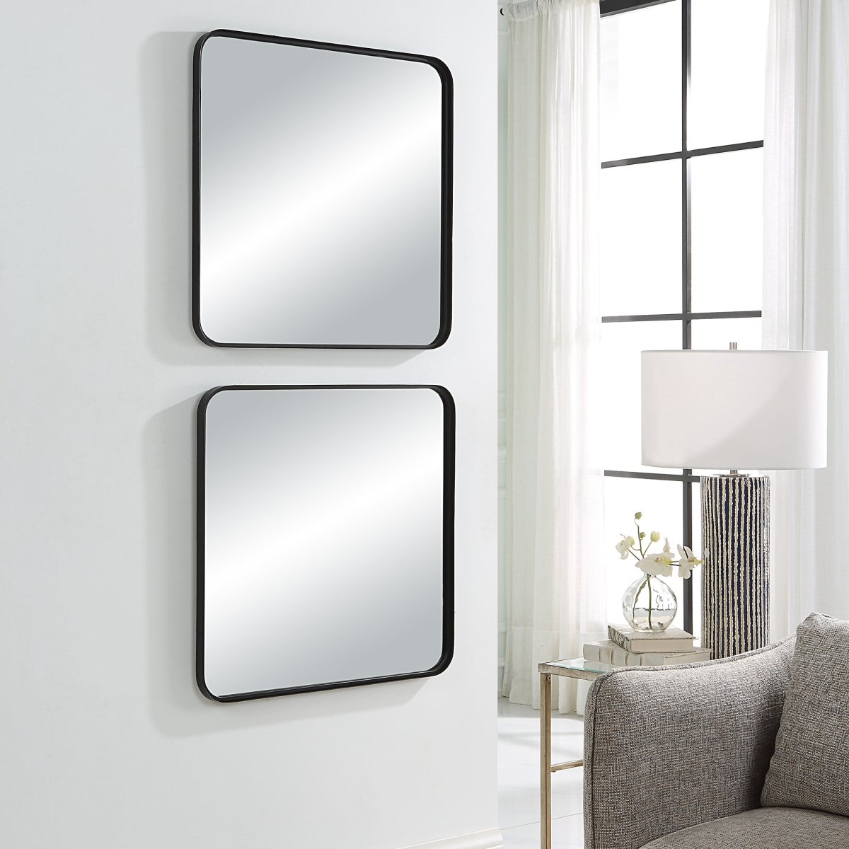 Satin Black Rounded Corner Metal Frame Mirror Set - Uttermost - Other Mirrors by Modest Hut