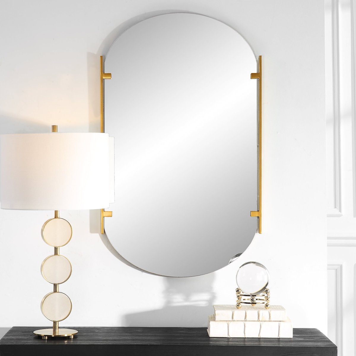 Soft Gold Pill Shaped Frameless Mirror with Metal Strips - Uttermost - Other Mirrors by Modest Hut