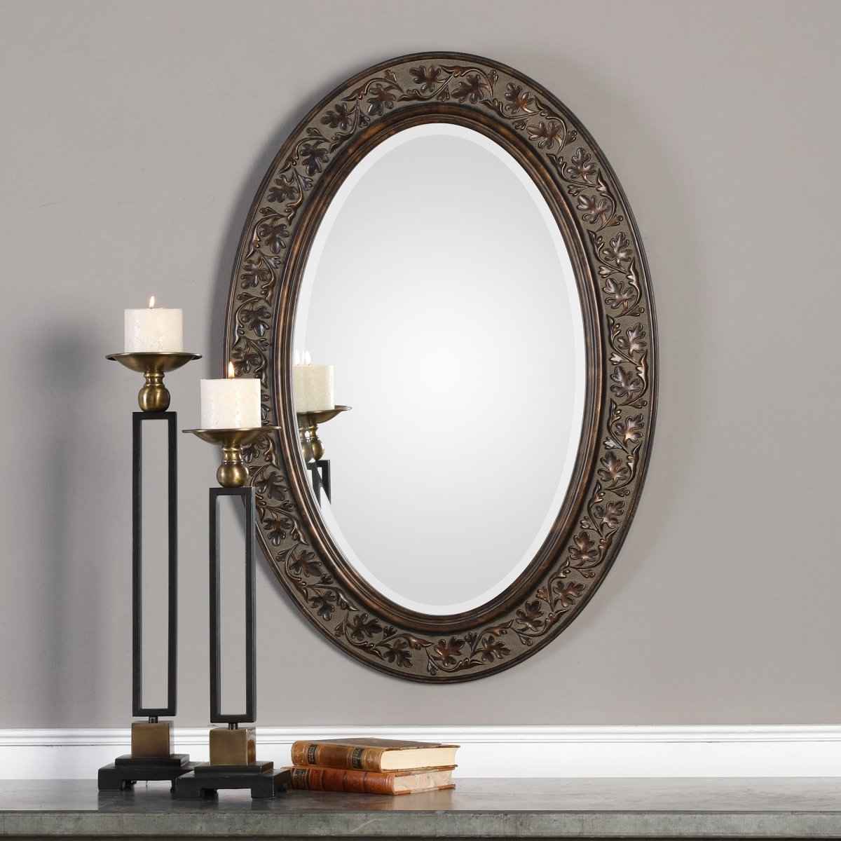 Aged Bronze Oval Frame Mirror Featuring Embossed Leaf Design - Uttermost - Oval Mirrors by Modest Hut