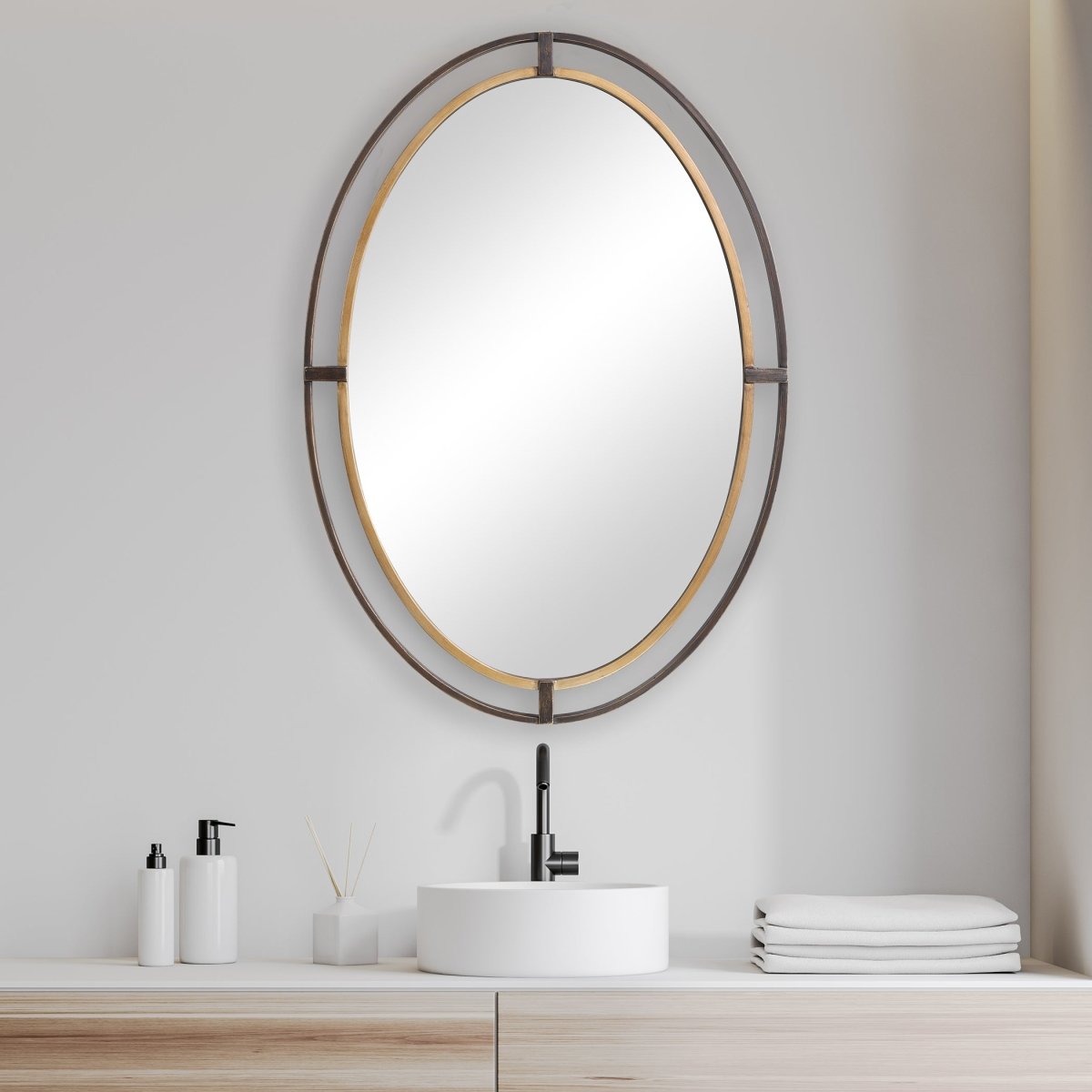 Distressed Rustic Bronze Double Frame Oval Mirror - Uttermost - Oval Mirrors by Modest Hut