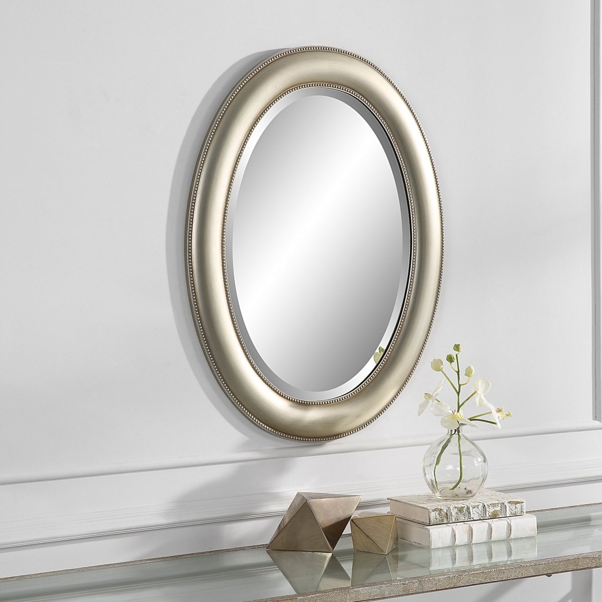 Metallic Silver Oval Beaded Frame Mirror - Uttermost - Oval Mirrors by Modest Hut