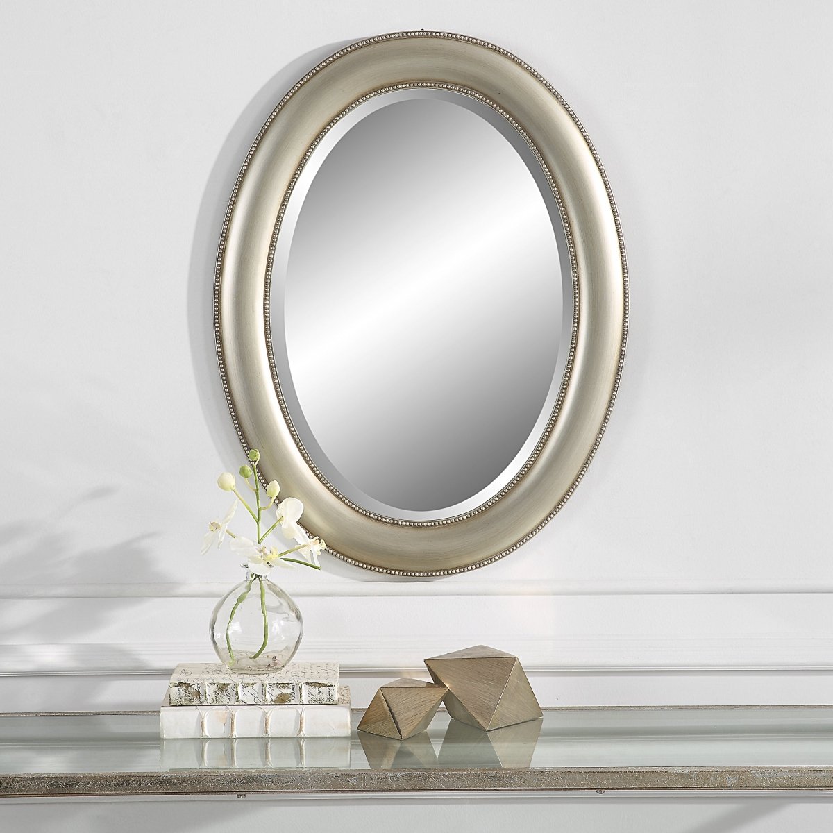 Metallic Silver Oval Beaded Frame Mirror - Uttermost - Oval Mirrors by Modest Hut