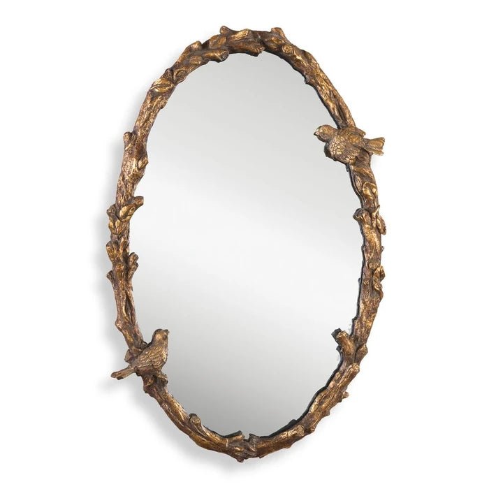 Paza Oval Mirror by Uttermost oval wall mirror front view bird and vine gold leaf frame