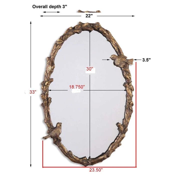 Paza Oval Mirror by Uttermost bird and vine frame detail close up distressed gold leaf