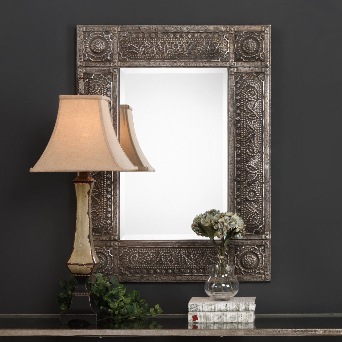 Antiqued Rust Gray Embossed Metal Frame Mirror - Uttermost - Rectangular Mirrors by Modest Hut
