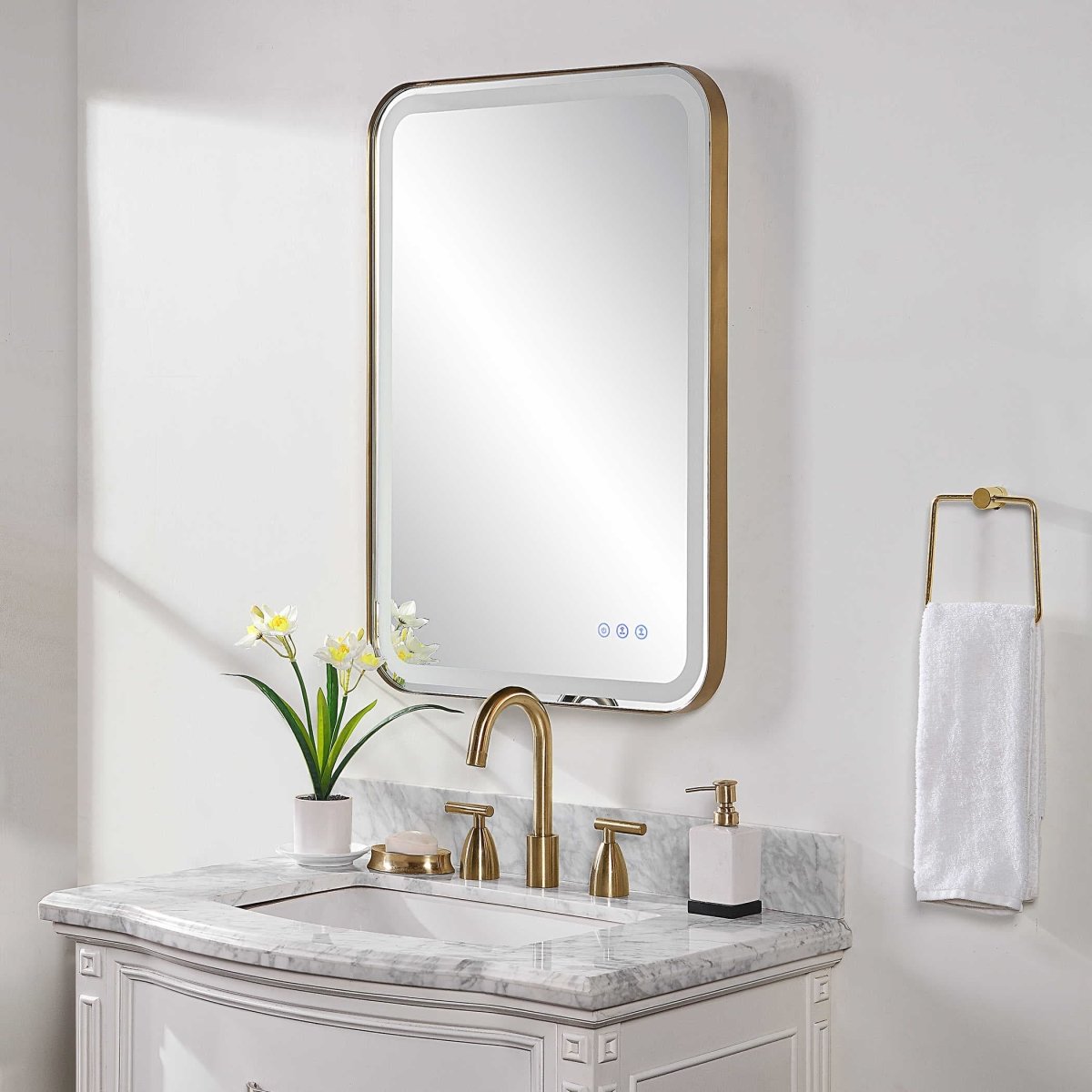 Crofton Lighted Brass Vanity Mirror - Uttermost - Rectangular Mirrors by Modest Hut