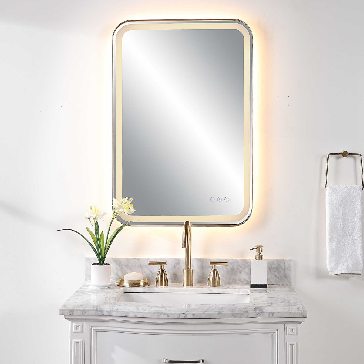 Crofton Lighted Brass Vanity Mirror - Uttermost - Rectangular Mirrors by Modest Hut