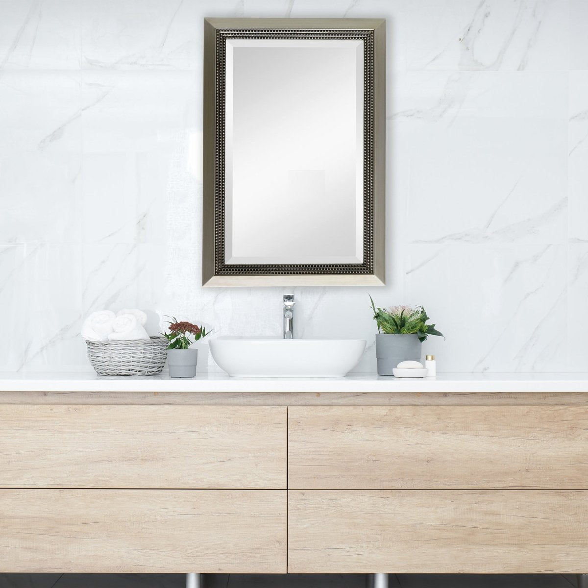 Warm Silver Beaded Mirror with Beveled Center - Uttermost - Rectangular Mirrors by Modest Hut