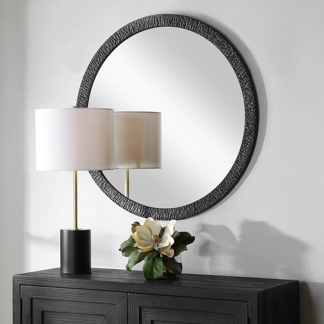 34" Round Satin Black Wavy Texture Iron Frame Mirror - Round Mirrors Detail View 2 - Luxury Home Furnishing