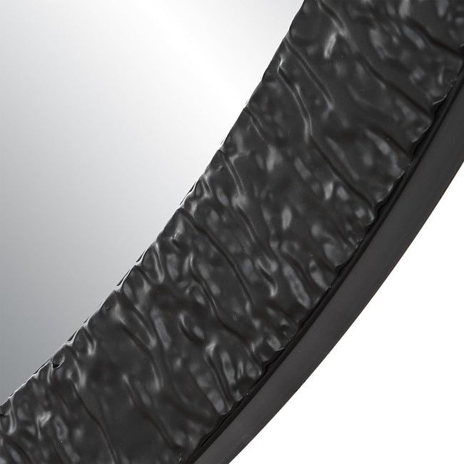 34" Round Satin Black Wavy Texture Iron Frame Mirror - Round Mirrors in Room Setting - Modern Home Decor