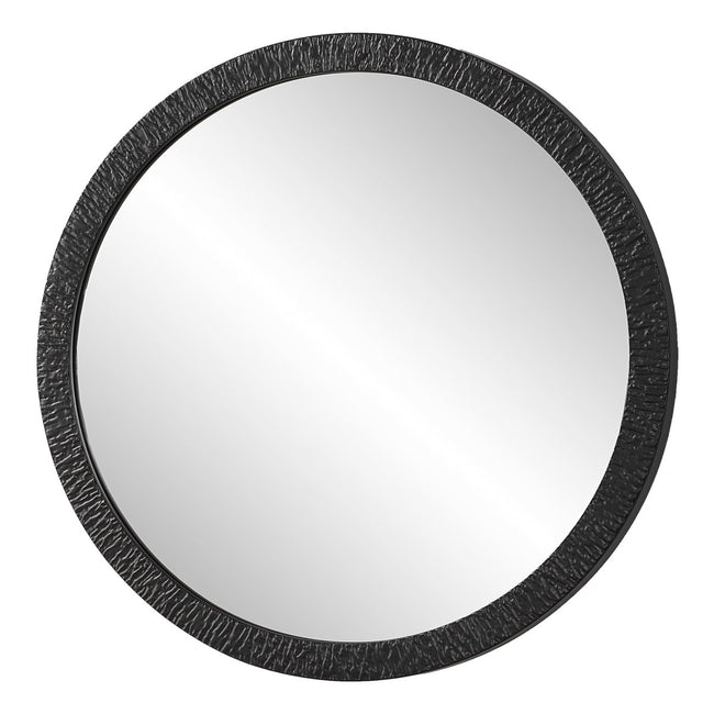 34" Round Satin Black Wavy Texture Iron Frame Mirror - Round Mirrors Detail View 3 - Luxury Home Furnishing