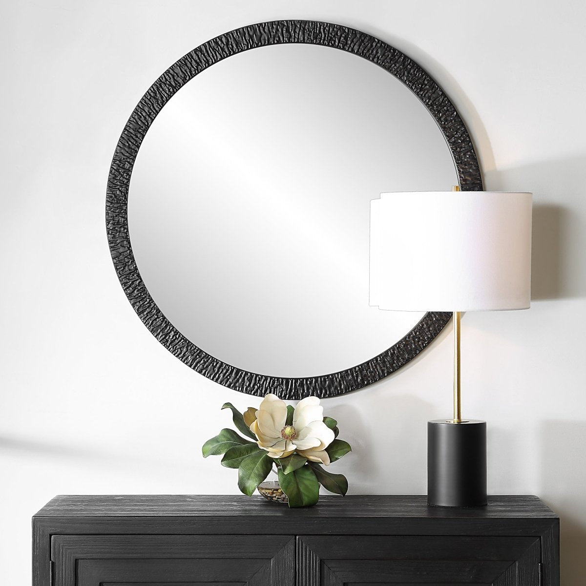 34" Round Satin Black Wavy Texture Iron Frame Mirror - Uttermost - Round Mirrors by Modest Hut