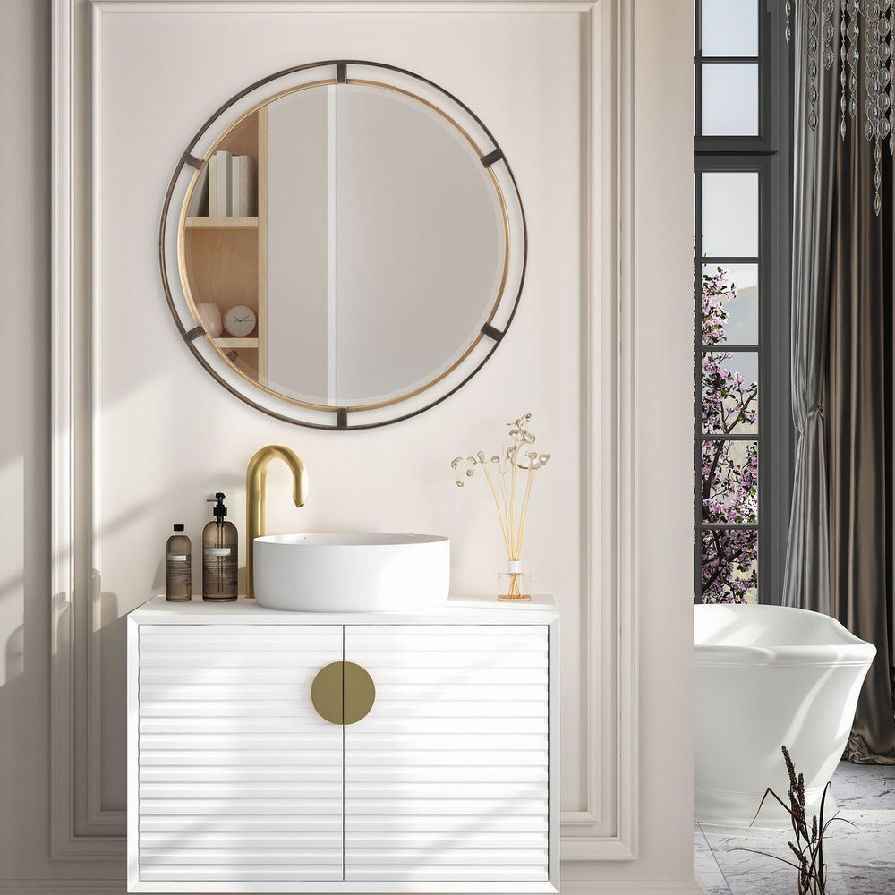 Carrizo Round Mirror in modern bathroom